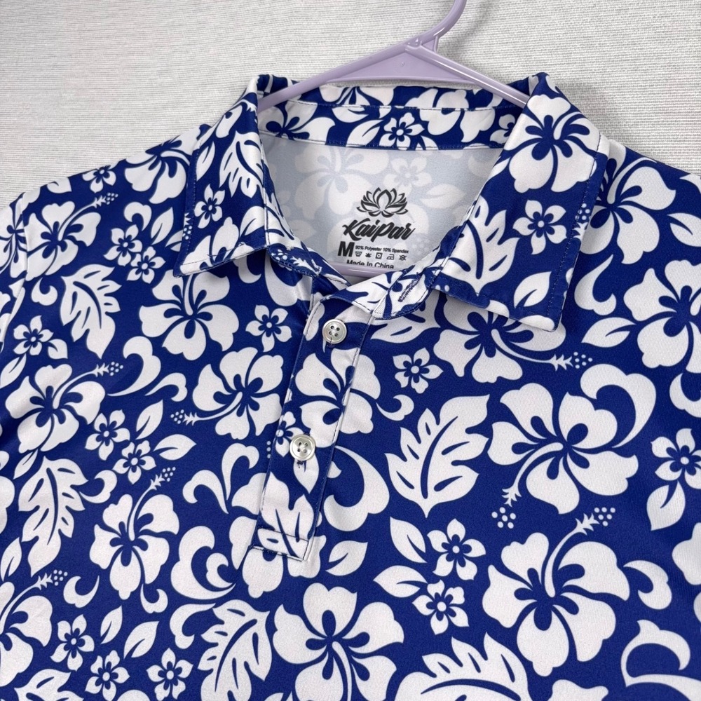 Kaipar Hawaiian Golf Polo Shirt Mens Size M Blue White Floral Short Sleeve